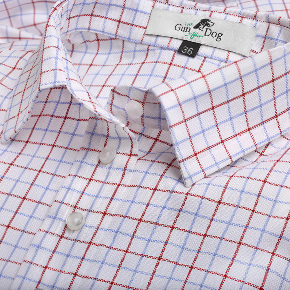 Damenbluse Perl-Oxford, Karo, weiß/rot/blau, Kombimanschette