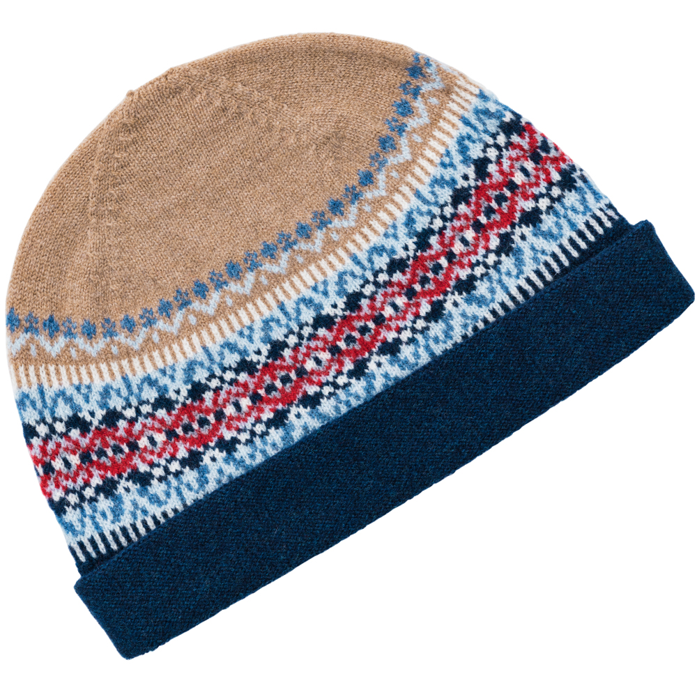 Classique : beige avec bleu foncé, bleu clair, marron et rouge.