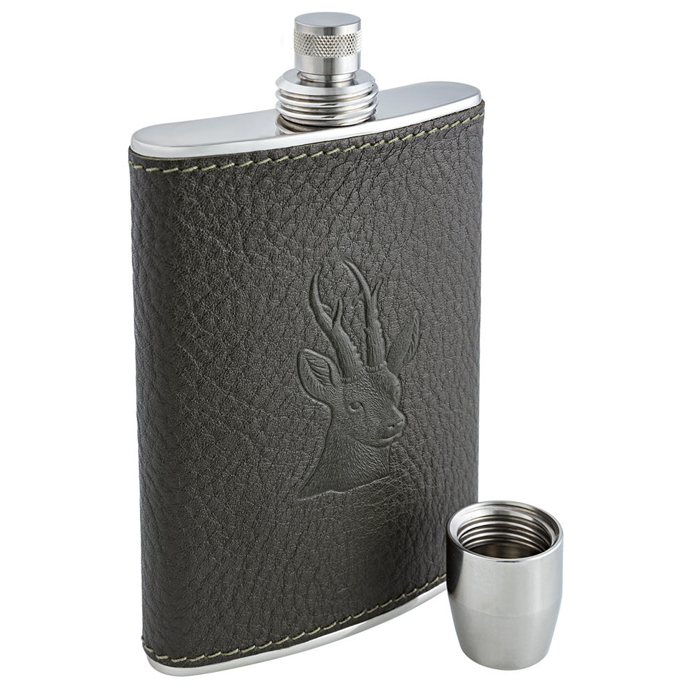 BEIER Hipflask with Screw Cup, 225 ml, Olive, Roebuck Motif